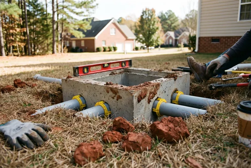 An open concrete distribution box with four outlets and speed levelers (sample photo)