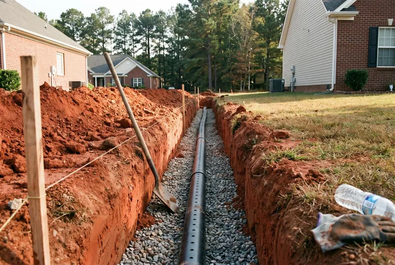 A gravel trench with perforated pipe laid in red clay (sample photo)