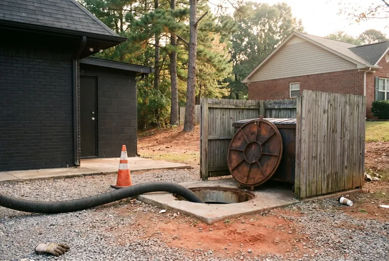 A grease interceptor lid lifted behind a restaurant (sample photo)