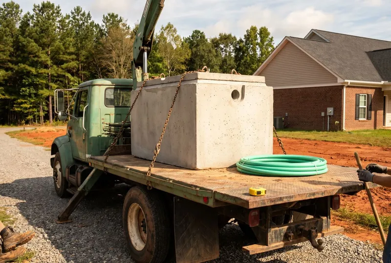 A precast concrete tank on a boom truck in a gravel drive (sample photo)