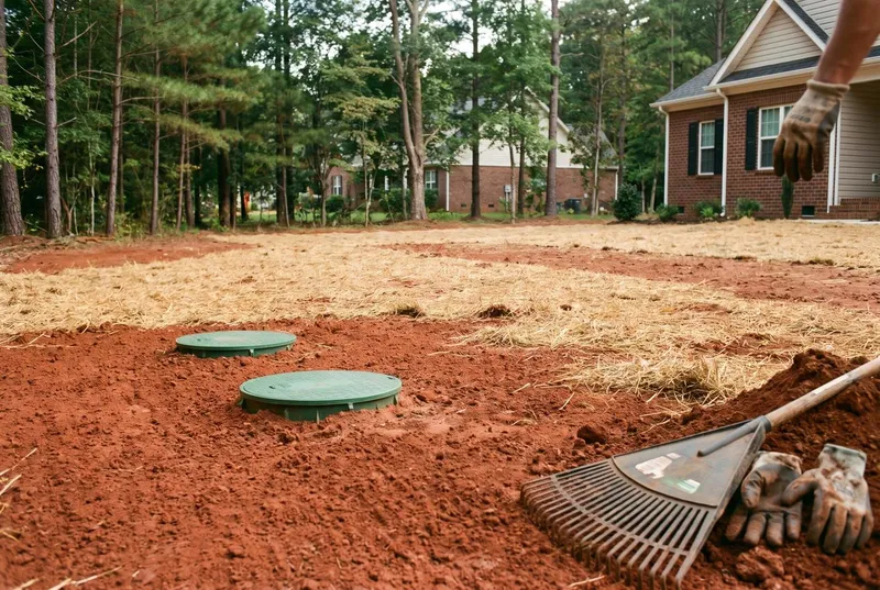 A finished septic installation with two riser lids at grade in raked red soil (sample photo)