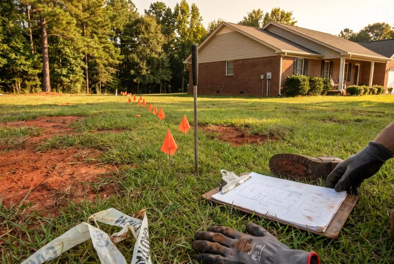 Marking flags and a probe rod across a lawn (sample photo)