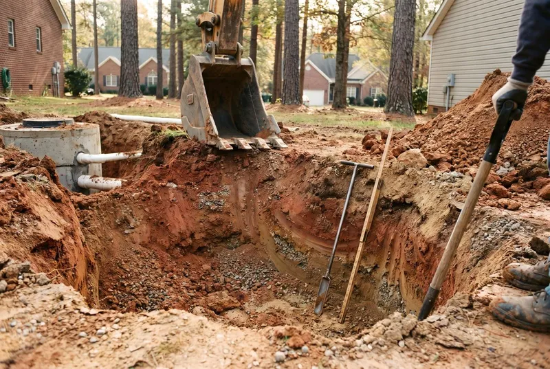 A backhoe pit showing layered red and tan clay (sample photo)